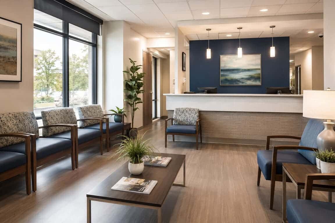 Clean medical office waiting area with seating and hard-surface flooring